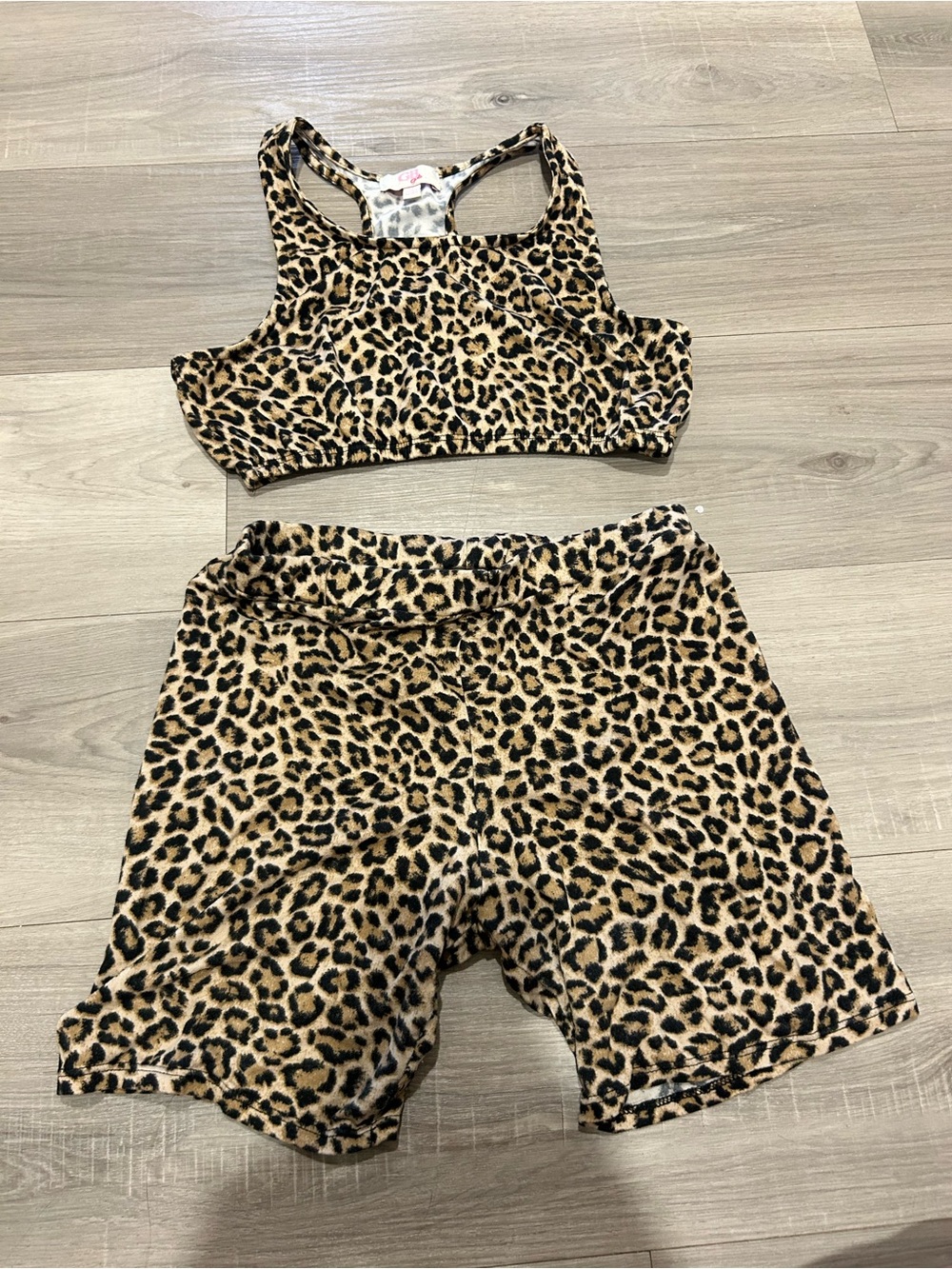 Gianni Bini Kids Leopard Print Sports Bra & Shorts Set - Tan, Black